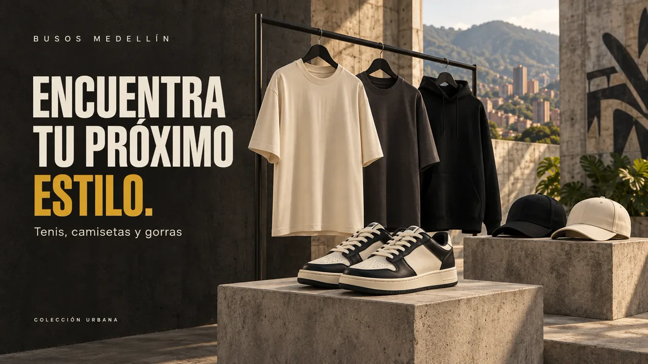Encuentra tu próximo estilo: tenis, camisetas y gorras urbanas en la tienda Busos Medellín, colección urbana con vista a Medellín