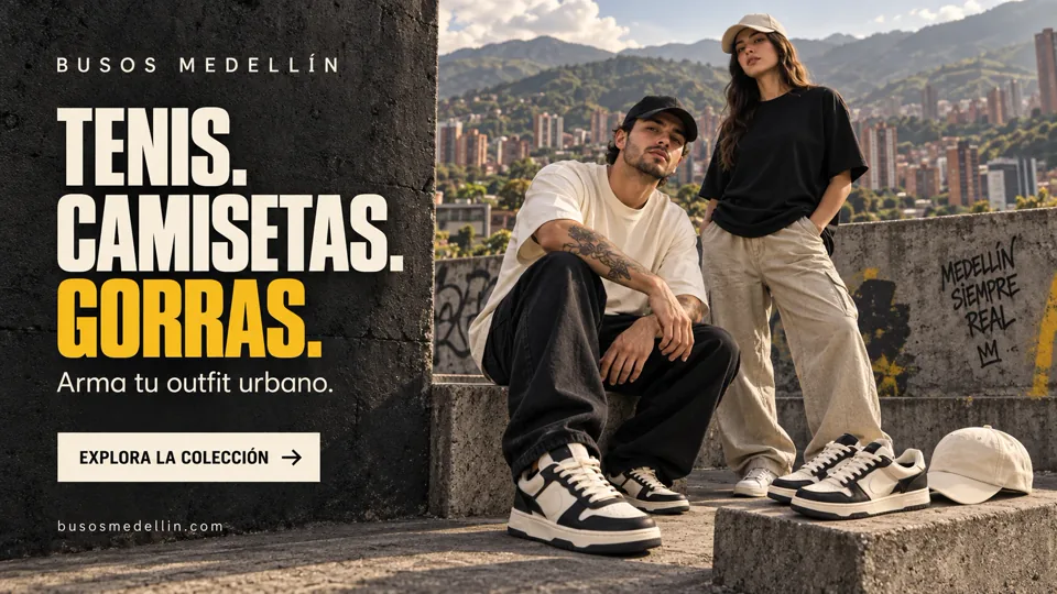 Tenis, camisetas y gorras urbanas: arma tu outfit con Busos Medellín, ropa y tenis con vista a Medellín