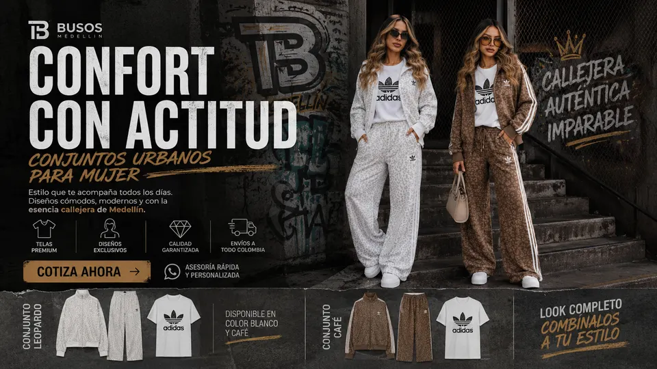 Conjuntos urbanos estampado leopardo Adidas para mujer en Busos Medellín, disponibles en blanco y café